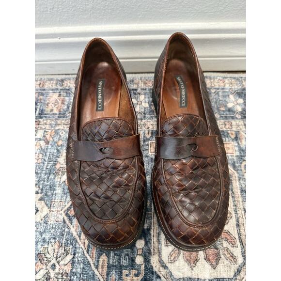 VTG SESTO MEUCCI Wms Brown Leather Loafers Woven Vamp Quiet Luxury Italy Sz 7.5 - Picture 1 of 6